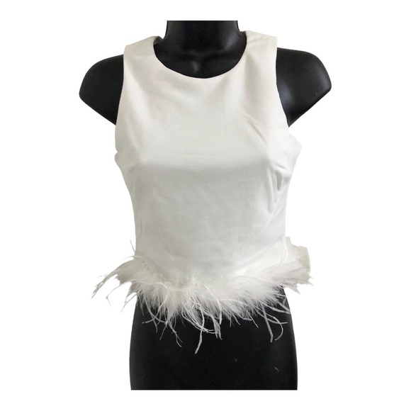 Cream ecru ivory off white sleeveless round neck feather trim top size XS new - Picture 1 of 15